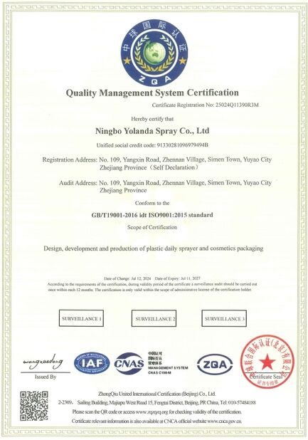 Çin Ningbo Yolanda Spray Co., Ltd. Sertifikalar